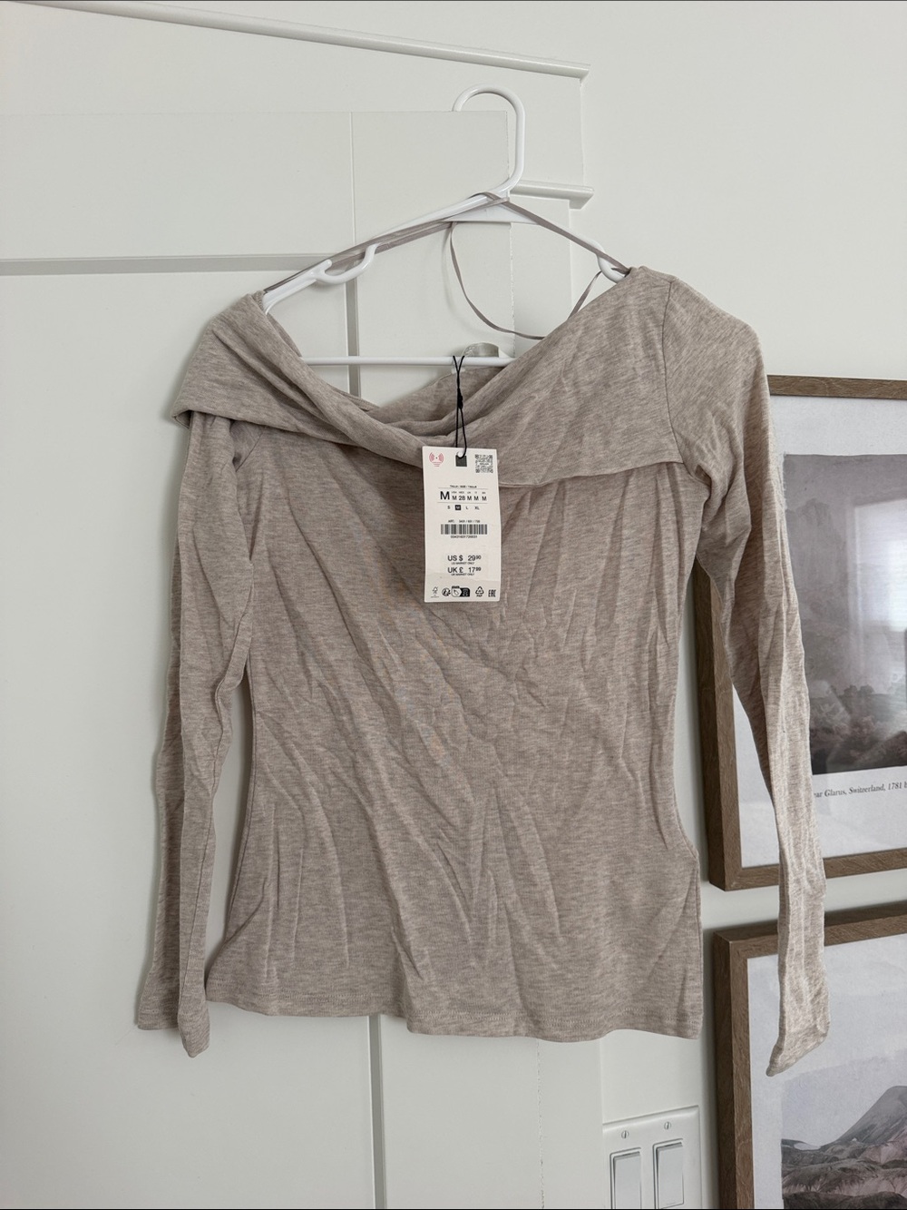 Zara Off-Shoulder Long Sleeve Sweater in Light Taupe